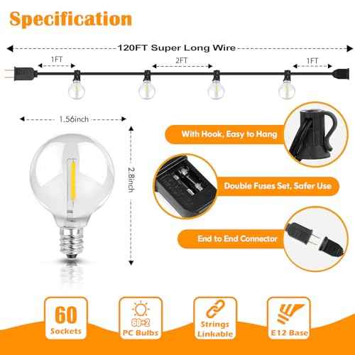 Brightever 120ft Outdoor G40 LED Globe String Lights Dimmable Waterproof Shatterproof Light Strings with 60+2 Bulbs Connectable Commercial Hanging Lights for Patio House Backyard Balcony