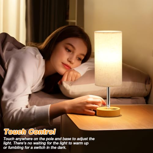 Dicoool Cream & Wooden 14-Inch Bedside Table Lamp with Touch Control & 3-Way Dimmable USB Charging
