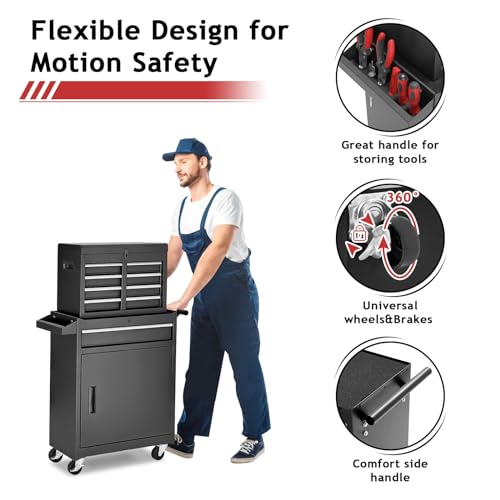AirWire 5-Drawer Rolling Tool Chest Black – 20.2" L x 11" W x 40" H, Detachable Toolbox