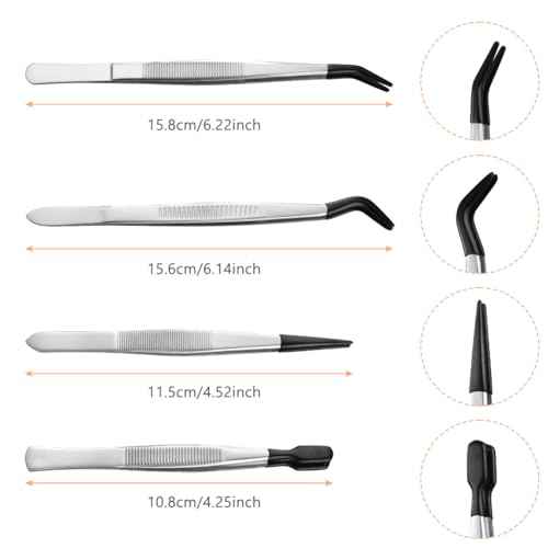 Ainiv 4pcs Tweezers with Rubber Tips, PVC Coated Tweezers Set, Rubber Straight/Flat/Long Curved Tips Non Marring Tweezers for Jewelry Crystals Bead, Crafts Making, Lab Stainless Steel Tweezer Tool