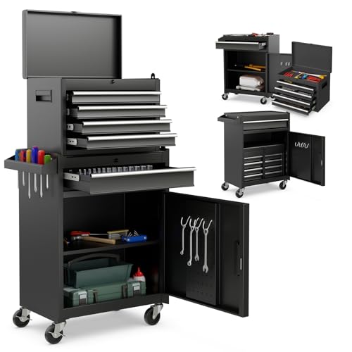 Goplus 5-Drawer Rolling Tool Chest with Detachable Top Box – Black, Lockable Wheels