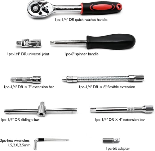 Egofine Red 46-Piece 1/4 Inch Drive Socket Wrench Set with Bit & Extension Bar