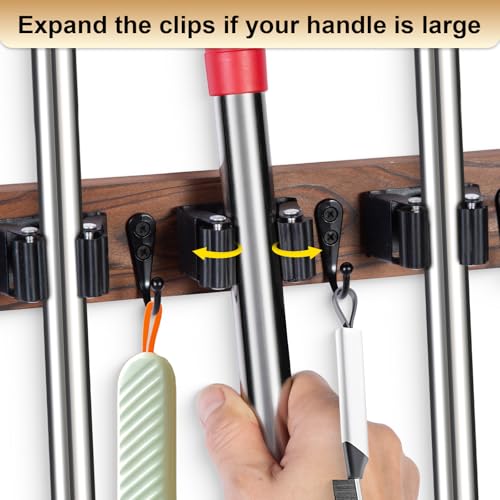 FunCee Brown Wall Mount Broom Holder with 5 Slots & 4 Hooks, Rustic Wood Storage Rack