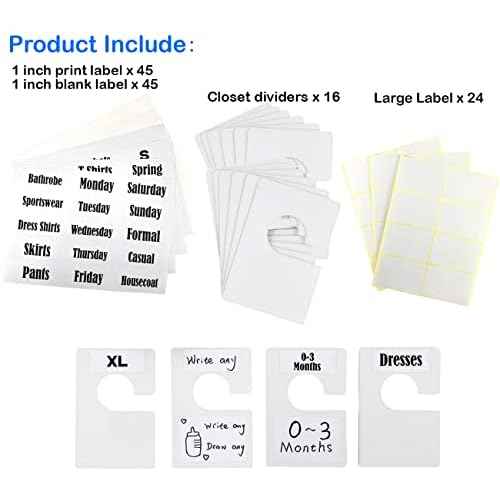 32 Pack White Clothing Rack Size Dividers Plus 150 Labels (1 Inch) and 40 Large Blank Labels, Large Rectangular Clothing Closet Dividers (Pearl White)