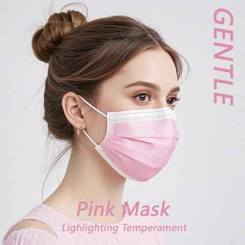 50 Pack Pink Disposable Face Mask for Adults, Solid Pink Breathable 3-Ply Earloop Full Face Protection for Women & Teen Girls