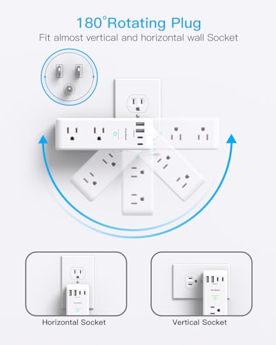 One Beat 2C2A Surge Protector Outlet Extender with Rotating Plug, 10-in-1 USB Wall Power Strip, White