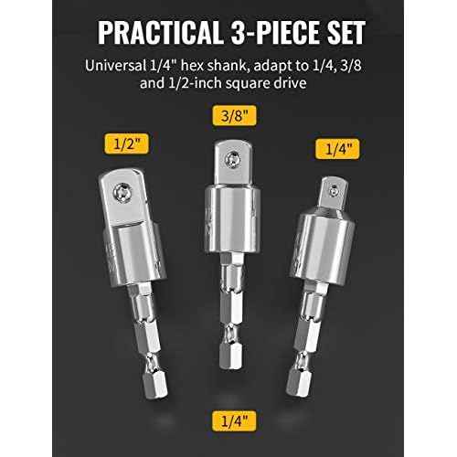 Tool Gift for Man: 3-Piece Power Drill Sockets Adapter Set, 360 Rotatable Hex Shank Impact Driver Socket Adapter for 1/4" 3/8" 1/2" Impact Driver