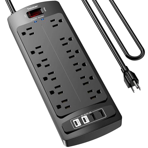 Teiobar 6 Ft Surge Protector Power Strip with 12 Outlets & 4 USB Ports - Black, 2700 Joules