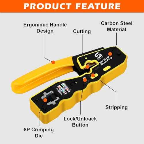 RJ45 Crimp Tool Pass Through Crimper, All in One Crimping Tool Ethernet Cable Crimper Stripper for Cat6a Cat6 Cat5 Cat5e, Cuts, Strips, Crimps Pass Through Connectors
