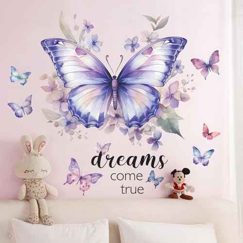 Purple Butterfly Wall Decals Removable Butterfly Flower Wall Stickers Peel and Stick Butterflies Wall Decor Stickers for Kids Girls Bedroom Nursery Bathroom Decorations VA-G006