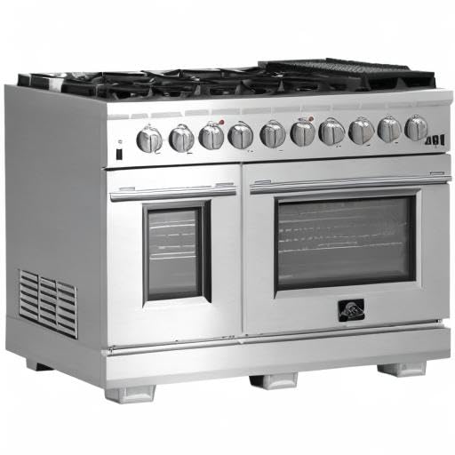 FORNO Capriasca Full Gas 48" Inch. Freestanding Range with 8 Sealed Burners Cooktop - 6.58 Cu.Ft. Double Gas Convection Oven Capacity, Stainless Steel Heavy Duty Cast Iron Grates.