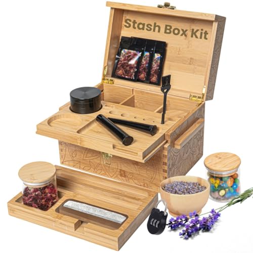 Stash Box Bamboo Storage Box with Combination Lock ? Wooden Organizer Box with Removable Tray, Glass Jars & Accessories, Decorative Lockable Bamboo Box with Lid,Home Kitchen Pantry Stashbox Wood Chest