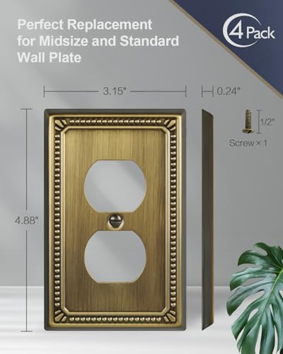 ZILLSEA Antique Brass Duplex Outlet Cover Plate 4-Pack - Sturdy Metal Wall Plates