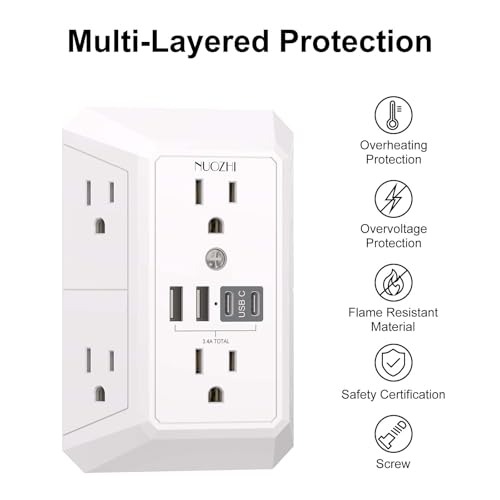 NUOZHI White 6 Outlets Surge Protector Power Strip with 4 USB Ports and Wall Mount