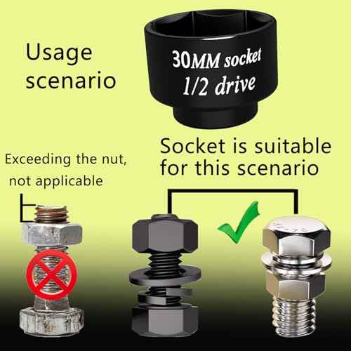 1/2 drive 30mm socket Impact removal axle nut 6 Point, for pulley and semi brake caliper retaining bolts Toyota 3VZ oil cooler Camry LE 4 cylinder the spark plug nuts Lawn Mower blades bolts