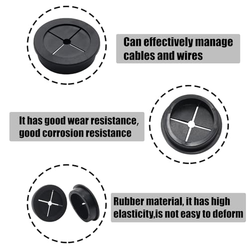 Adyoney 6 Pack 45mm Black Cable Grommets - Rubber Wire Management Inserts