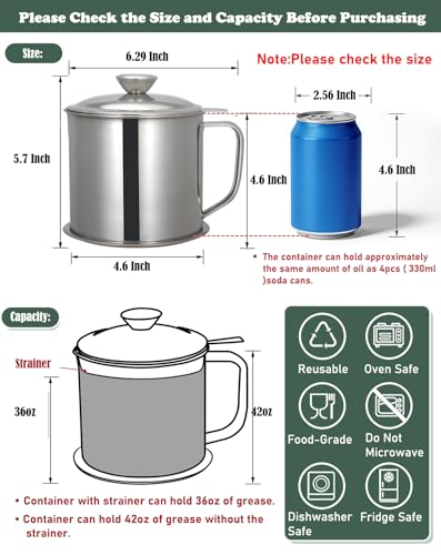 42oz Bacon Grease Container with Strainer and Lid - Tellshun Silver