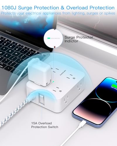 HANYCONY 12-in-1 Surge Protector Power Strip 5ft White Braided Extension Cord