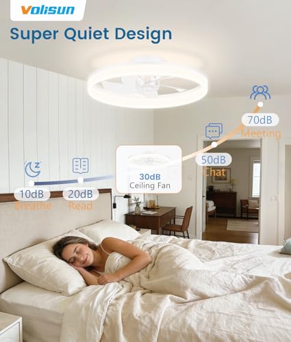VOLISUN 20in White Low Profile Ceiling Fan with Lights & Remote, Dimmable LED Fandelier