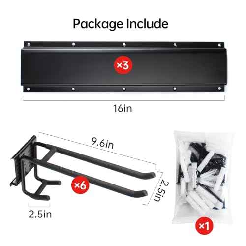 Garage Storage Rack Hooks, 48 Inch Heavy Duty Wall Mount Garage Organization with 3 Rails and 6 Adjustable Double Wall Hooks,Hanging Shelves for Garden Tool/Broom/Mop(Black)