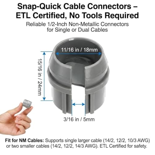 Navellon 200 Pack 1/2 Inch Non-Metallic Cable Connectors for NM & Romex Wiring
