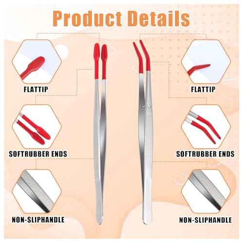 4 Pieces Tweezers with Rubber Tips PVC Rubber Coated Tweezers Rubber Long Bent Tip Tweezer and Straight Flat Tip Tweezer for Lab Stamp Hobby Jewelry Crafts Feeding (Silver, Red)