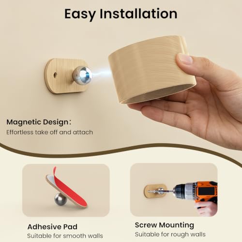 Koopala Wood-A Rechargeable LED Wall Sconce with Magnetic 360° Rotation - Cordless Bedside Reading Light, 3 Color Temperatures & Brightness Levels