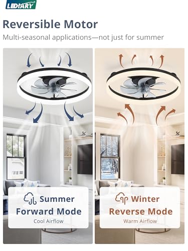 LEDIARY 20-Inch Black Low Profile Modern Ceiling Fan with Lights, APP & Remote