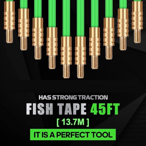 FTIHTRY 45FT Fiberglass Fish Tape Electrical Wire Pulling Kit with 8 Attachments