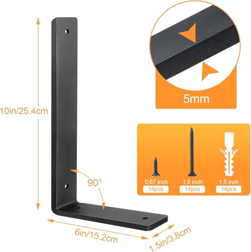 Aunulahca Heavy Duty 10-Inch Black Shelf Brackets 6 Pack for DIY Floating Shelves