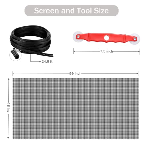 SAKURRY 48'' x 99'' Fiberglass Window Screen Replacement Kit with Roll Tool & Spline - Black