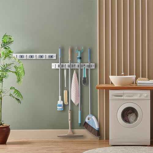 2 Pack Mop Broom Holder Wall Mount - White Wood Broom Mop Hanger - Wall Mounted Garden Tool Rack Organizer for Closet Garage Laundry Room, 4 Slots & 4 Hooks