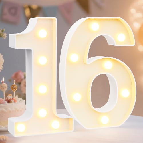 Pooqla White Plastic Marquee Number Lights 16th Birthday Decorations - Set of 2