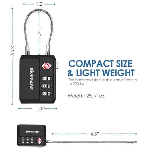2 Pack TSA Approved Travel Luggage Locks, Cable Combination Lock 3-Digit, Keyless Suitcase Padlocks, Weatherproof Padlock for Locker, Golf Bag, Gun Case, Backpack, Anti Theft, Easy Read Dials-Black