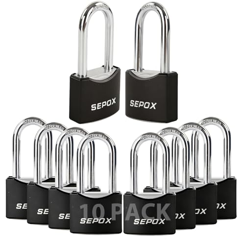 SEPOX Heavy Duty Weatherproof Padlock Set with Long Shackle, Keyed Alike 10-Pack
