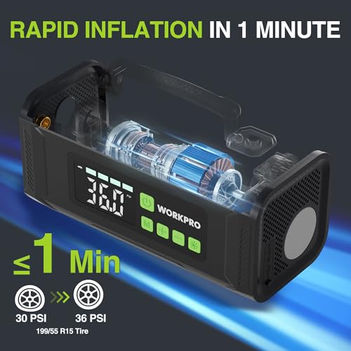 WORKPRO Portable Tire Inflator Air Compressor 12V DC Cordless Pump for Cars Bikes