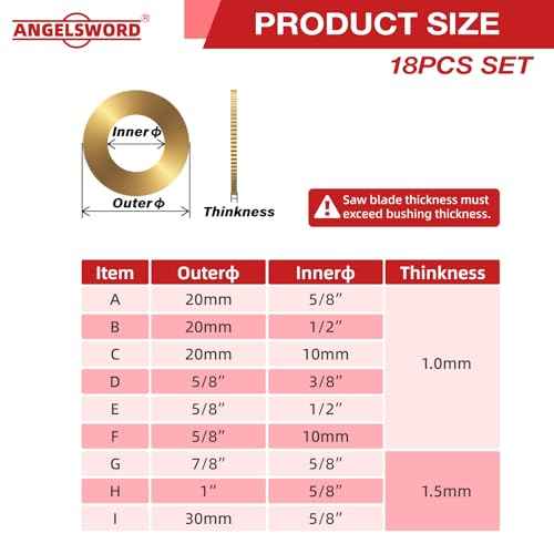 ANGELSWORD Saw Blade Bushing Set, Arbor Adapter Kit, Arbor Spacer Combination, Reduction Ring Combo, 9 General Sizes for Circular Saw Blade, Diamond Blade on Circular Saw, Angle Grinder, 18 Pack