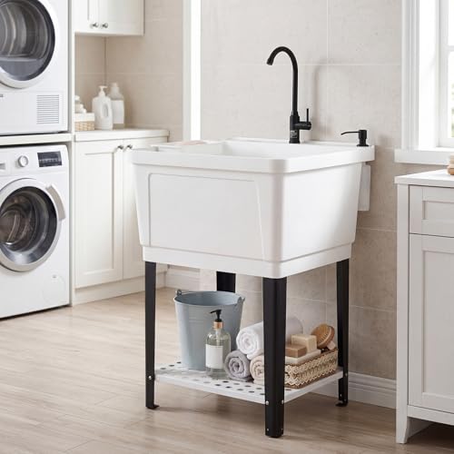 Giantex 23.2 Gal Freestanding Utility Sink with Faucet, Drain Kit & Storage Shelf