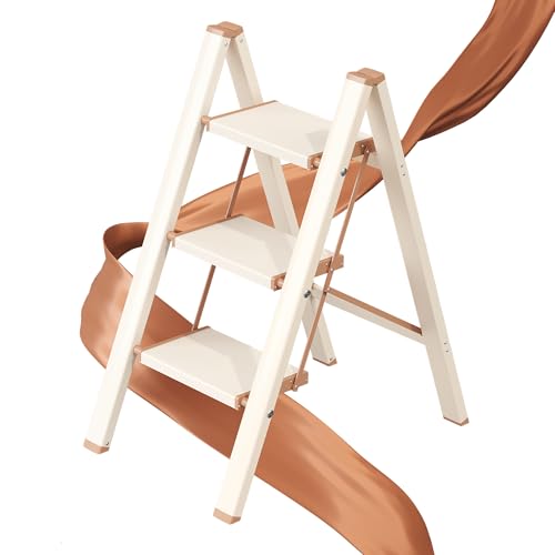 GameGem Cream Chocolate 3-Step Foldable Aluminum Ladder with Anti-Slip Pedals