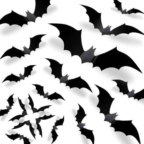 CESOF Halloween 3D Bats Wall Decor - 120 Pcs 5 Sizes Matte Black PVC Reusable DIY Stickers, Vintage Decals for Home, Porch, Door, Indoor Outdoor Party Supplies