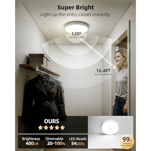Motion Sensor Light Indoor, 3-Pack, 10000mAh, 7.1inch, 400LM, Remote Control, Dimmable, LED, Flush Mount, Wireless, Rechargeable, Battery Operated, Cordless, Ceiling Light, Closet Light, No Wiring
