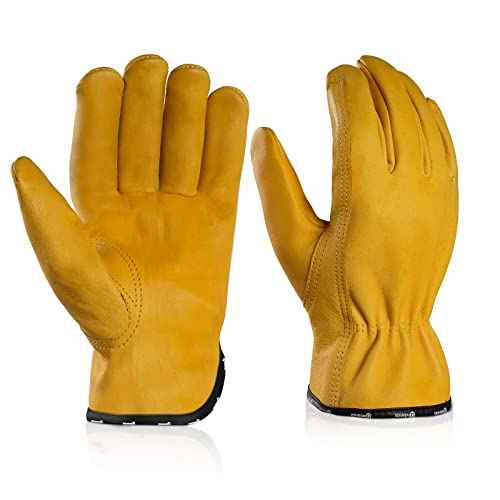 ANDANDA Work Gloves, Industrial Grade Leather Safety Work Gloves, Gardening Gloves with Elastic Wrist Closure and Soft Lining