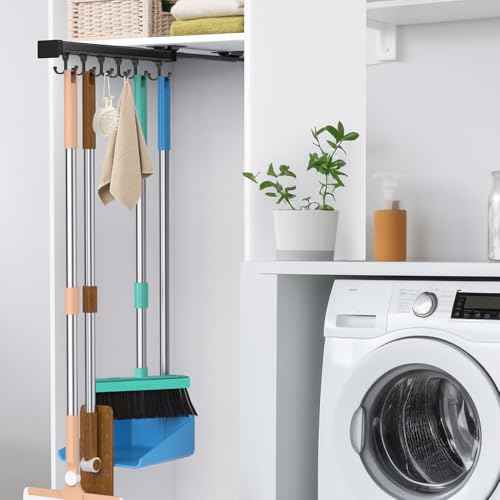 Pull Out Broom Holder With Adjustable Double Row Sliding Hook, Multifunctional Slide Broom And Mop Storage/Organizer Garage Organization Hooks, for Closet Laundry Garage - 36cm/14.17in
