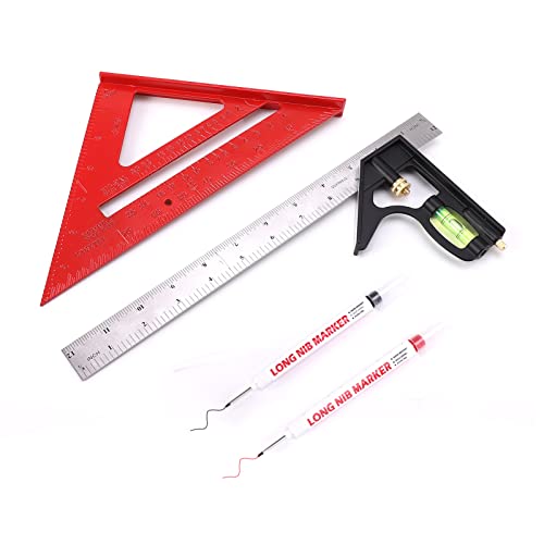 LARMEIL Red 12 Inch Combination Square Set with Bubble Level, Rafter/Framing Square