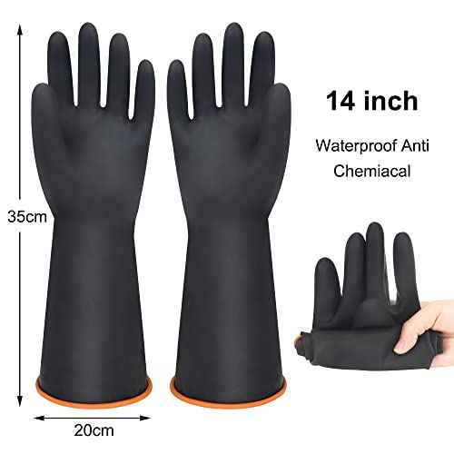 14" XL Latex Chemical Resistant Gloves - Reusable Heavy Duty Long Rubber Dishwashing Gloves for Men - Industrial Safety With Forearm Protection, Waterproof, Resist Strong Acid, Alkali, Oil