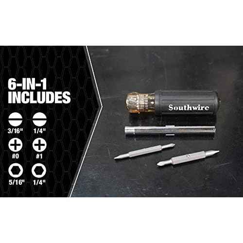 Southwire 65028840 SD6N1P 6-in-1 Screwdriver, Includes 5/16 nut Drivers, 1 and #0 Phillips 1/4'' and 3/16'' Slotted Tips