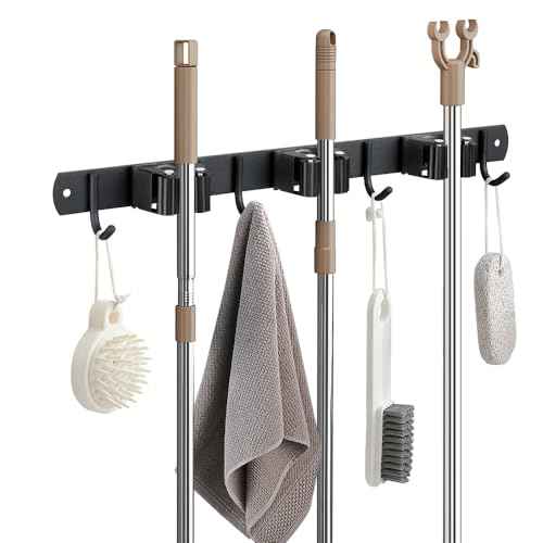 Broom Hanger and Mop Holder, Heavy Duty Garden Tool Organizer Rack Rake and Shovel Handle, Stainless Steel Wall Mounted Utility Rack with Screws (3 Racks with 4 Hooks, Matte Black).