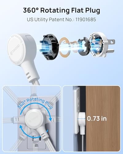 TROND 360° Rotating Flat Plug Power Strip 5ft, 4 AC Outlets, White / 10A