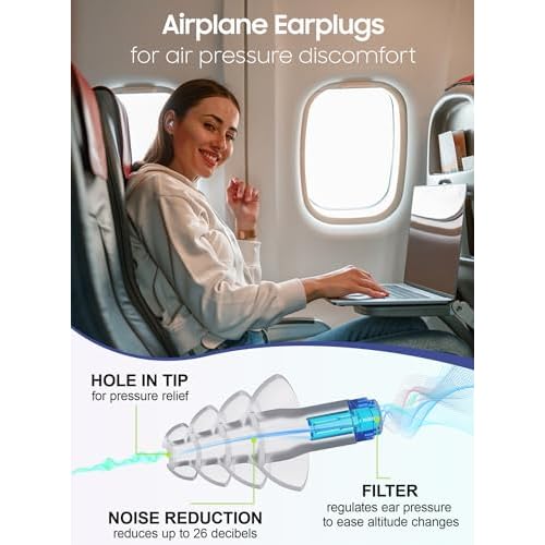 Ear Plugs for Airplane Pressure Relief, Kids 6+, Adults/Small Canal Reusable Airplane Earplugs 26dB, with Silicone Connector Cord, Travel Essentials for Flying, Ear Protection Earplugs