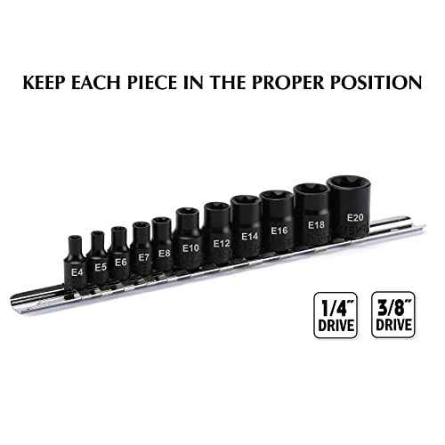 EMENTOL 11PCS E-Torx Socket Set with Rail, CR-V, 1/4" and 3/8" Drive, Female External Torx Star Socket Set, E4 - E20